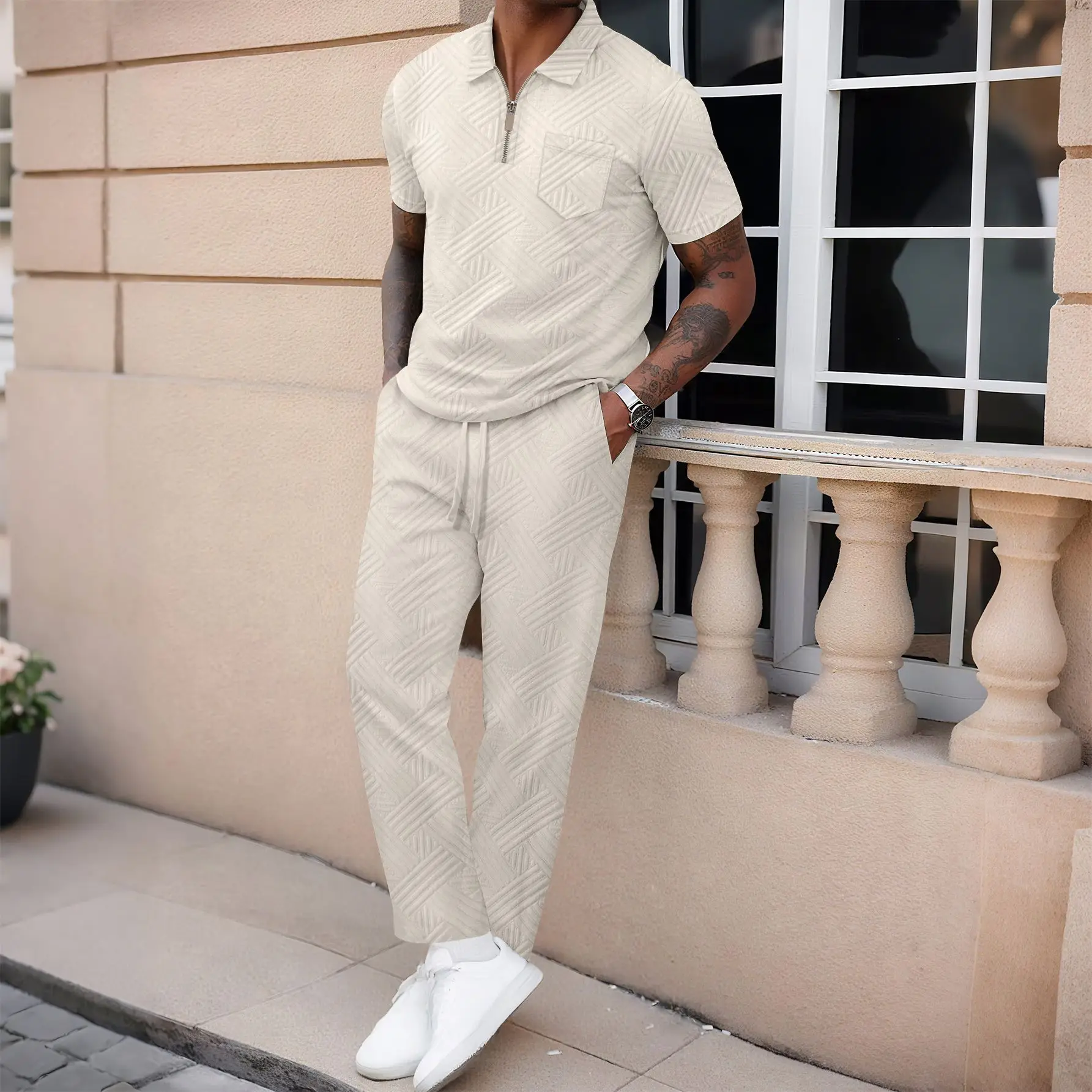 Men's Summer Trend Solid Color Collar Buttoned Jacquard Short-Sleeved Shirt And Pants Casual Suit