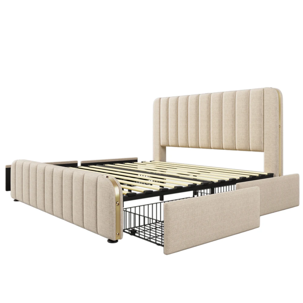 PINGGO Gepolstertes Doppelbett 180x200cm Beige Leinen-Kopfteil Goldene Dekorative Streifen USB Typ-C-Ladefunktion 4 Schubladen Ohne Matratze – Detail 12