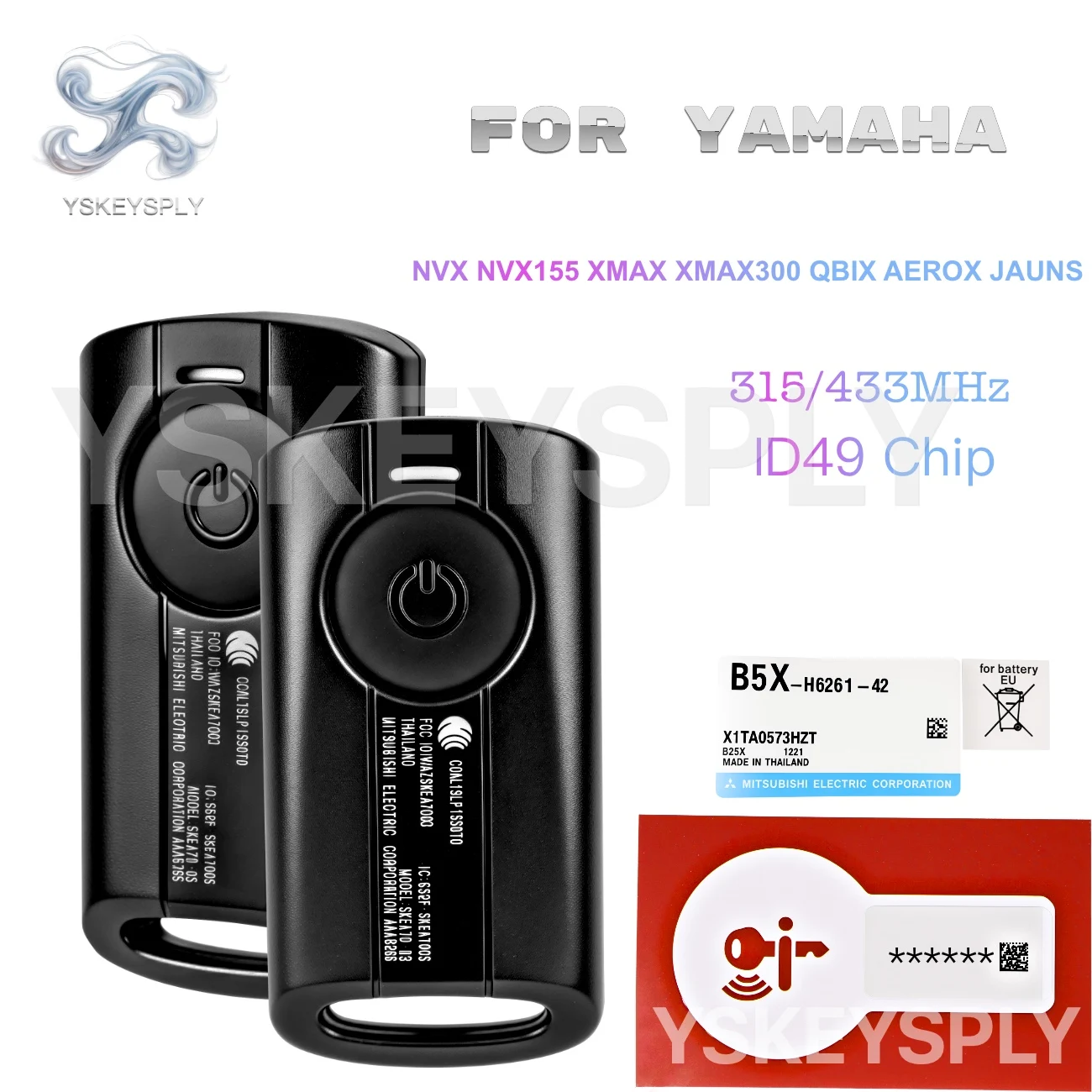 For Yamaha Motorcycle Smart Key Fits NVX NVX155 XMAX XMAX300 QBIX AEROX JAUNS ID49 Chip 315/433MHz Remote Key New Type