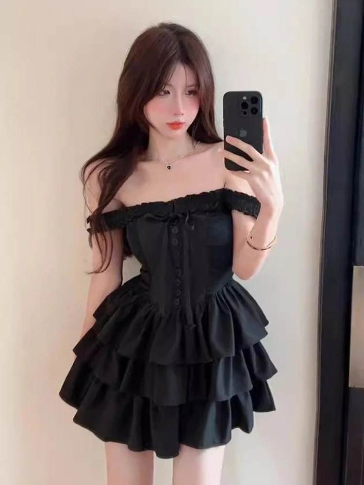 

Japan Vintage Dress Women Black Square Puff Sleeve Jacquard Design Party Dresses Female A-line Cute Bow Mini Dress