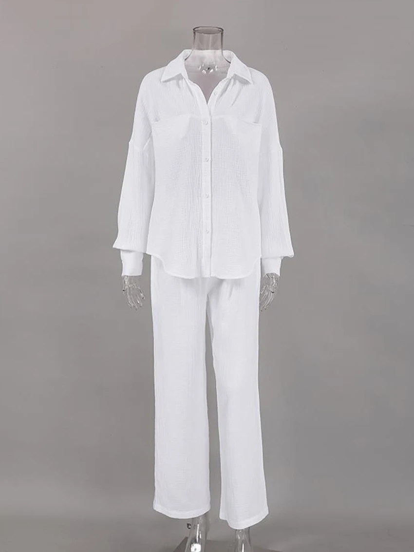 Marthaqiqi Cotton Ladies Sleepwear Set Long Sleeve Nightgowns Turn-Down Collar Pajamas Pants Casual Female Nightie 2 Piece Suits