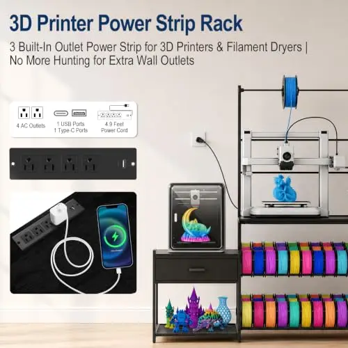 3D Printer Stand with Filament Storage Rack, Integrated Heavy Duty 3D Printer Table Workstation with Power Outlet and Storage