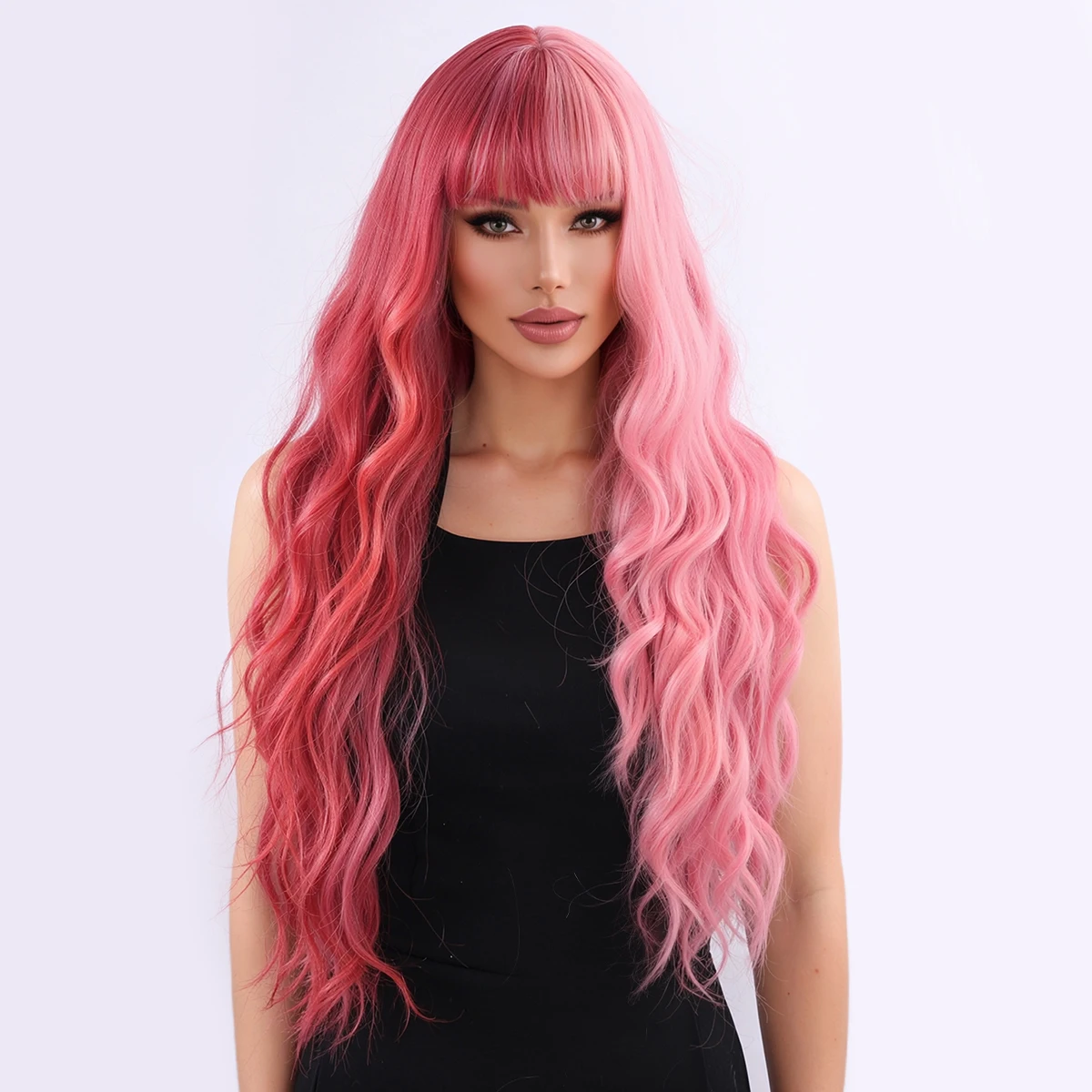 European and American Style Wig with Pink Gradient Bangs, Big Waves, Long Curly Hair, Full Head Cover - Synthetic Fiber Wig