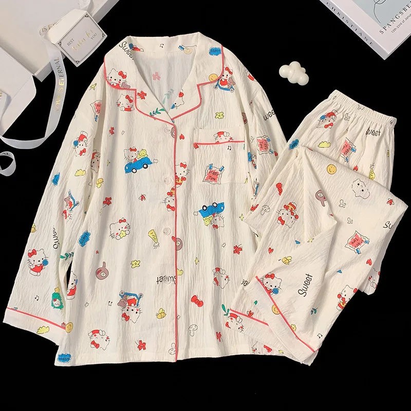New Animation Car Hello Kittys Yunduo Cotton Autumn Women\'s Pajama Set Kawaii Cartoon Long Sleeve Pants Cute Casual Homewear Set