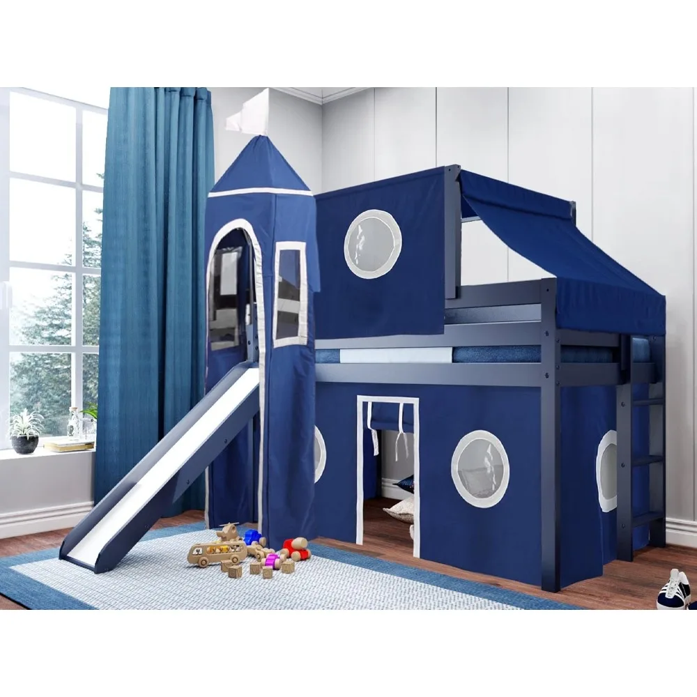 

Castle Low Loft Bed with Slide, Blue and White Tent and Tower, Twin, Blue No Box Spring Needed, tent, ladder, slide, tower