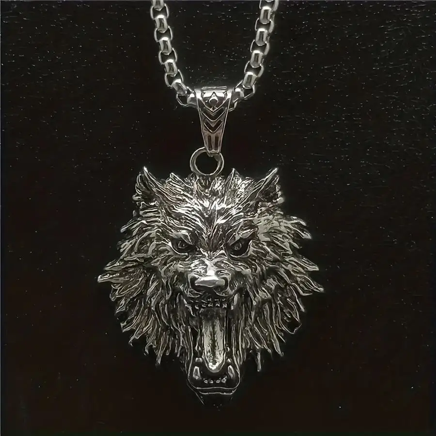 1/5/10/20/50/100pcs Men'S Retro Wolf Head Pendant Necklace, Hip Hop Style Alloy Necklace, Creative Birthday Gift Funny Positive
