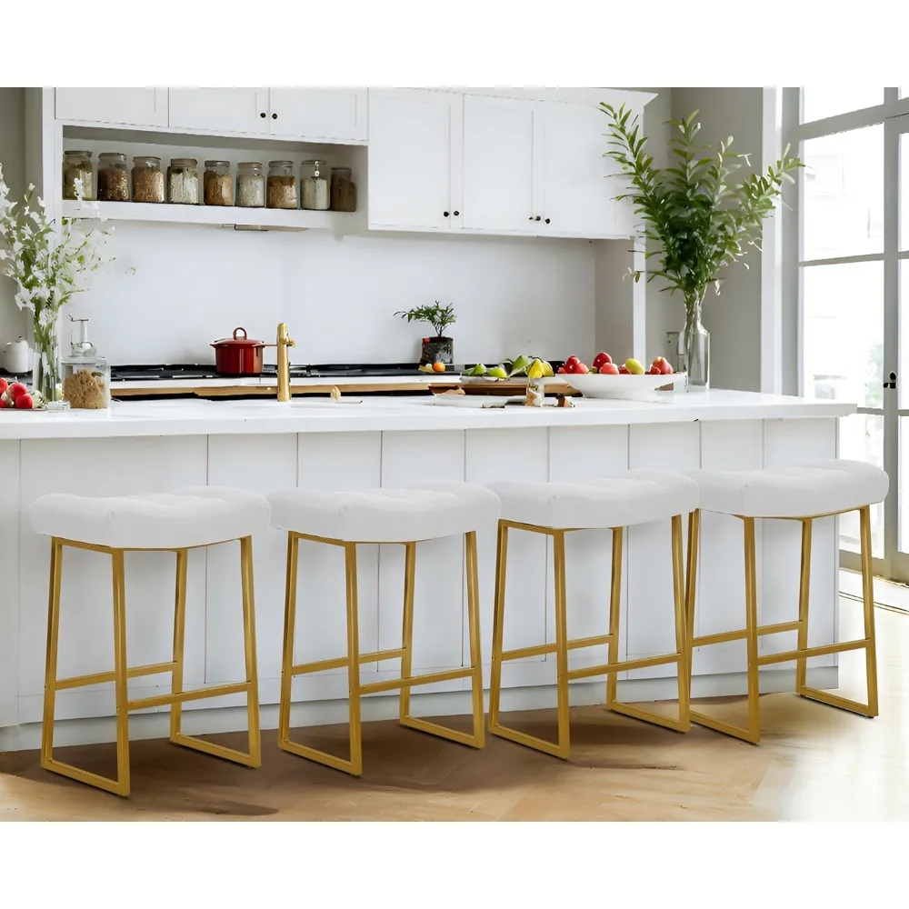 

White & Gold Counter Height Bar Stools Set of 4 for Kitchen Counter Modern Backless Barstools with Upholstered Faux Leather Seat