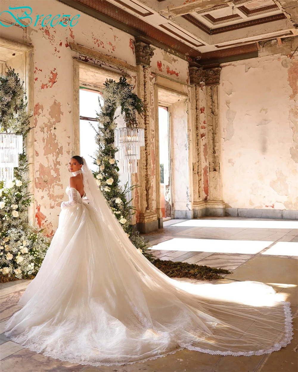 맞춤형 섹시한 화이트 레이스 로브 드 마리에 포멀 보트넥 긴 소매 웨딩드레스 매력적인 A라인 채플 트레인 웨딩드레스