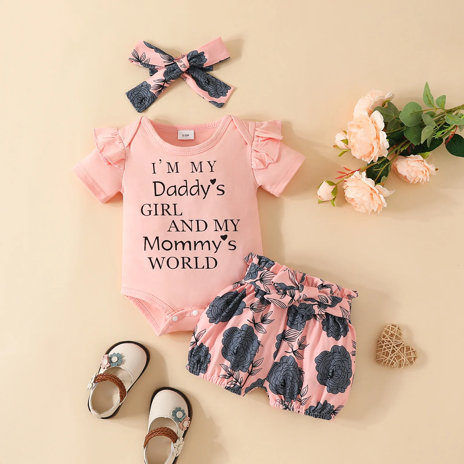 Baby Short Sleeve Girl Letter Summer Triangle Bodysuit and Belt Flower Cute Pants with headband 3489아동 상하복 세트