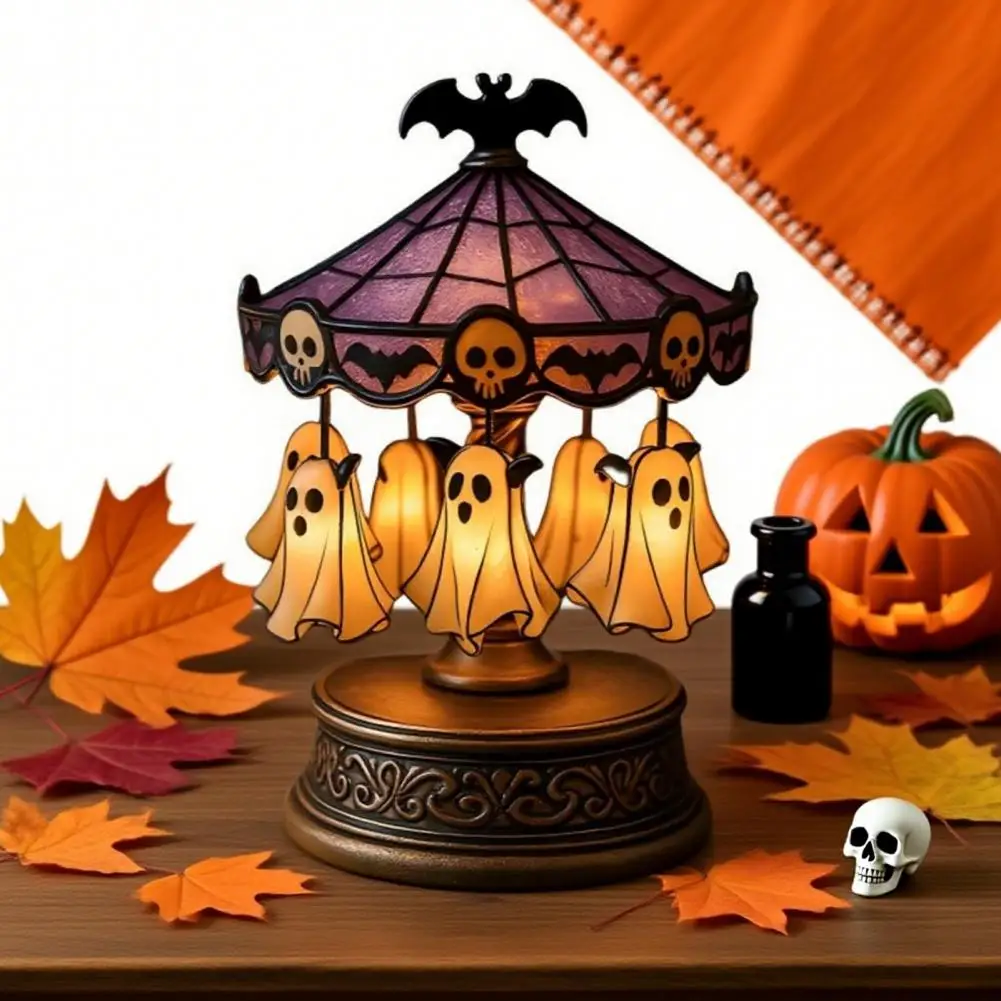 Halloween Tabletop Decor Rotating Ghost Lamp Ghost Carousel Light Halloween Night Lamp Spooky Stained Glass Shade with Floating