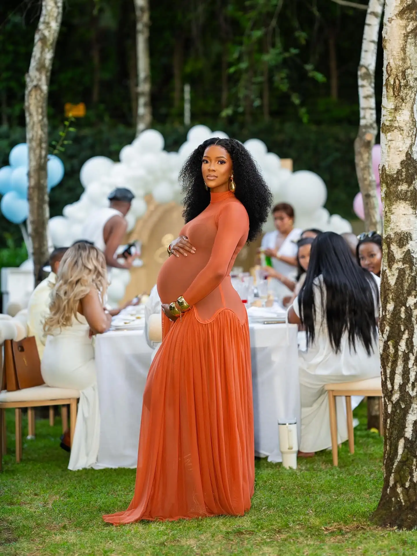 Orange‑Red Maternity Evening Gown with Sheer Mesh Overlay, Wave Waist & Flowing Chiffon Pleated Skirt – Summer Party Dress 2026