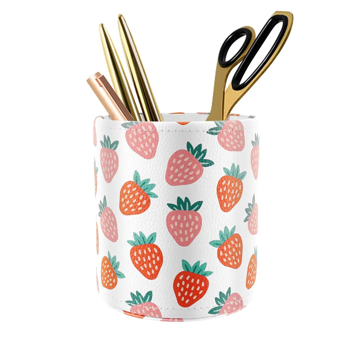 Strawberry Pencil Cup PU Leather Pen Holder Round Pen Stand Makeup Brush Organizer Storage Box for Office Classroom Home Study