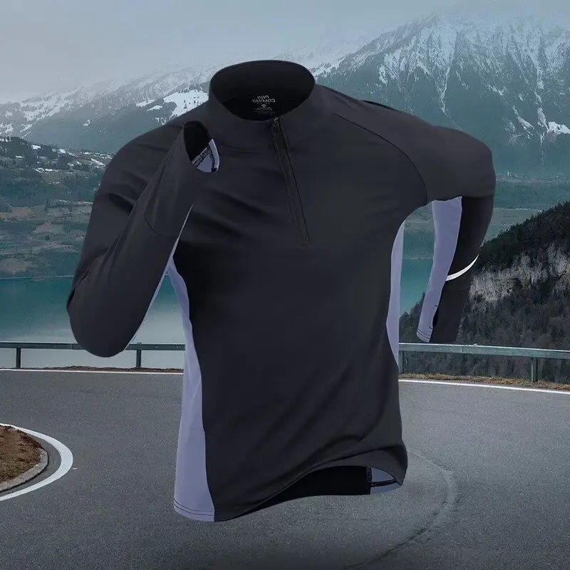 Sports quick drying long sleeved men's 2025 autumn and winter warm running T-shirt with half zipper top for outdoor cycling trai