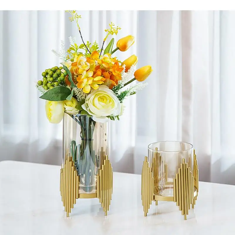 Creativity glass vase Golden metal frame geometry Transparent highfoot hydroponic flower arrangement Home Decoration