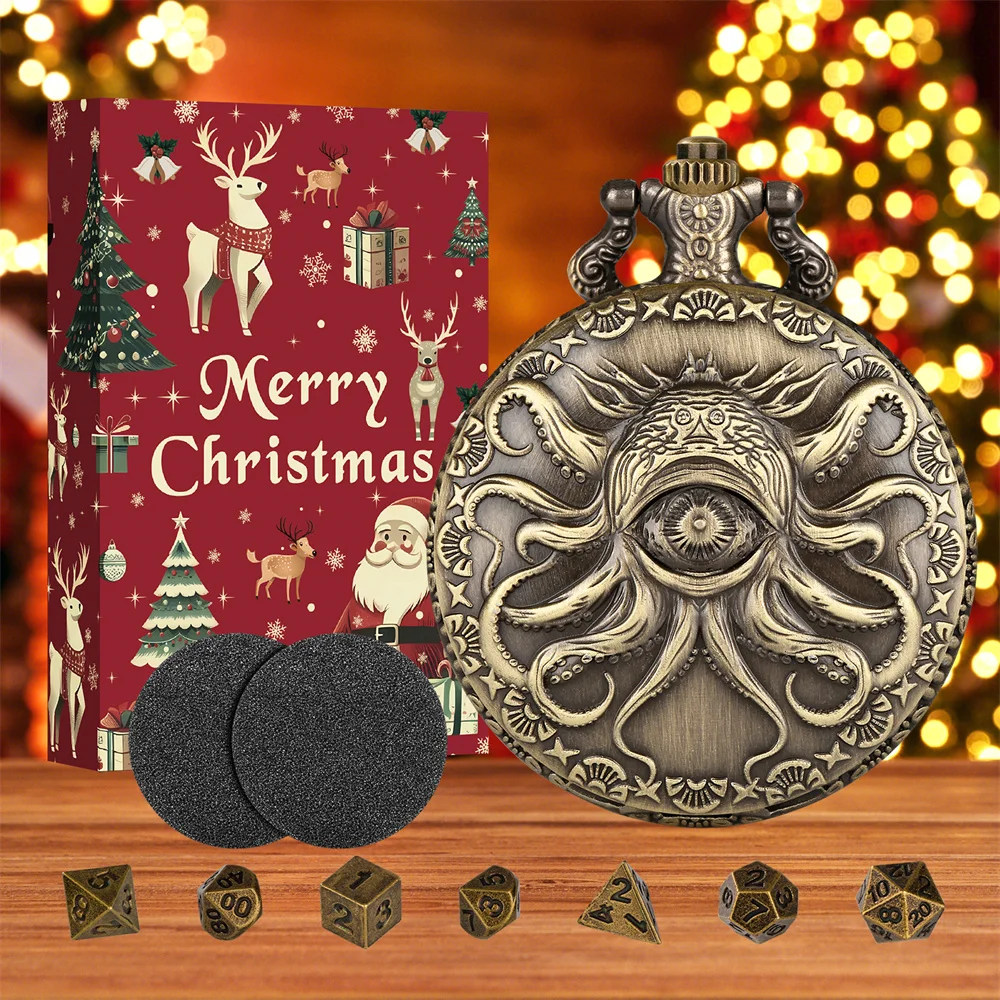 Bronze/Grey Black Octopus Eye Full Hunter Pocket Watch Case with 7pcs Mini Entertainment Dice Set Christmas Gift for Dice Lovers