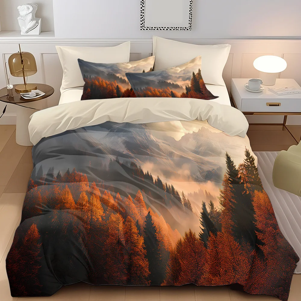 Polyester Fiber Duvet Cover Set of Three, 2D Flat Printed Duvet Cover Set, Duvet Cover Bedding Set, Orange-Red Mountain Scene Pattern Digital Printed Duvet Cover, Soft Polyester Fiber, Machine Washable, Invisible Zipper, Large Duvet Cover Set, Bedding Set, Quilt Cover
