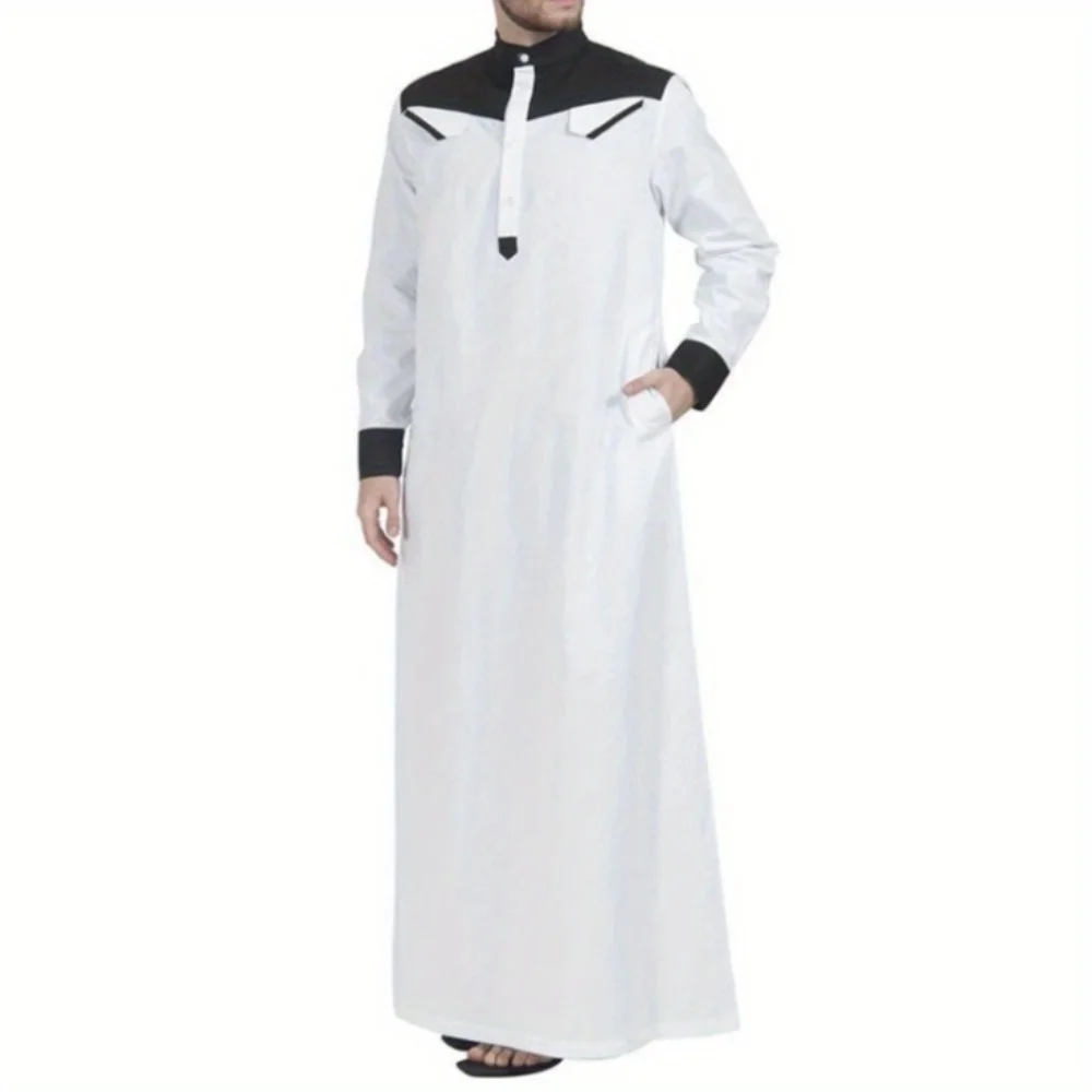 Breathable Color Block Muslim Long Dress for Men Comfortable Loungewear with Relaxed Fit