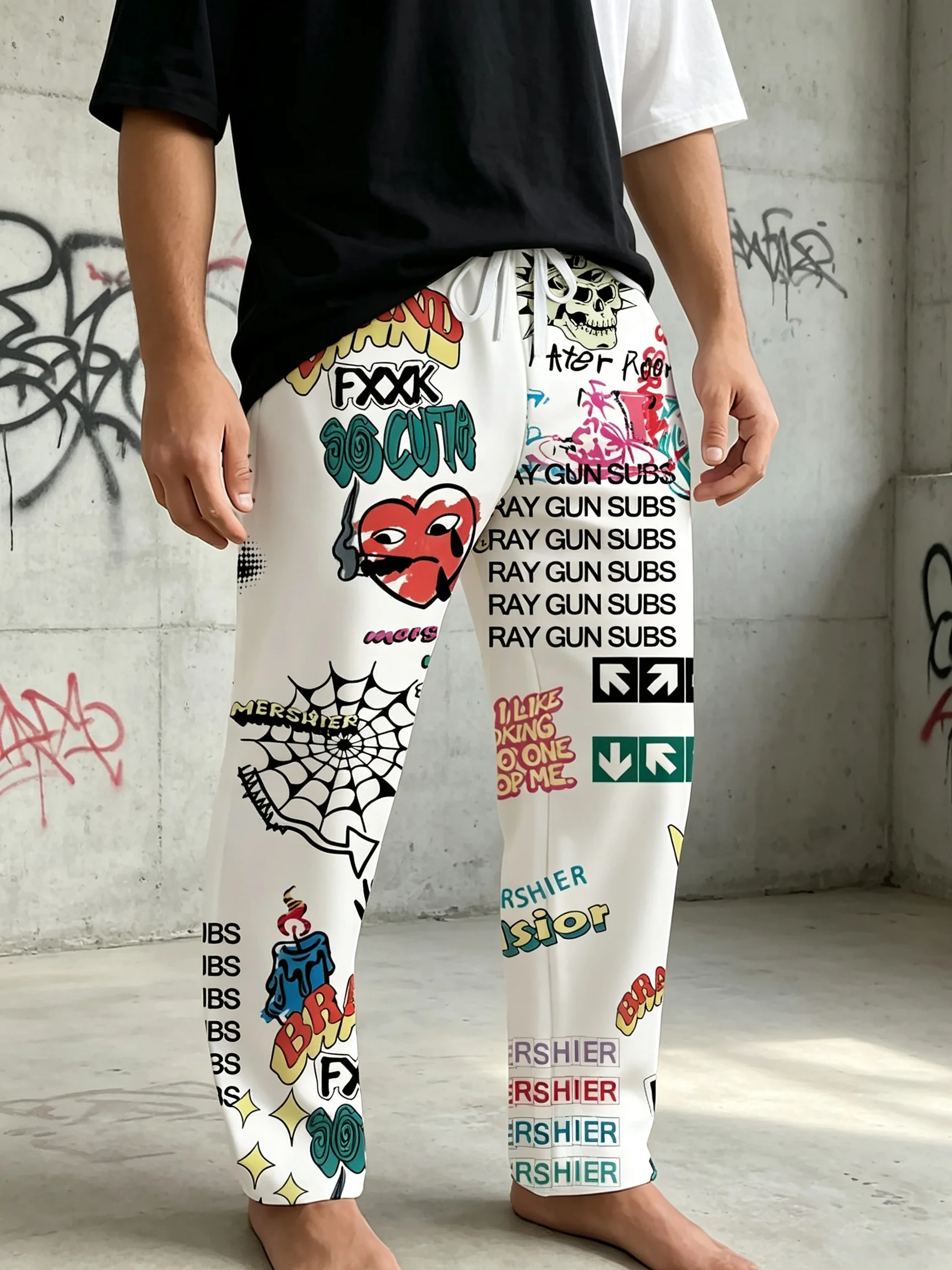 Men's Loose-Fit Straight Casual Pants with Cartoon Print - Machine Washable Comfortable Travel Trousers