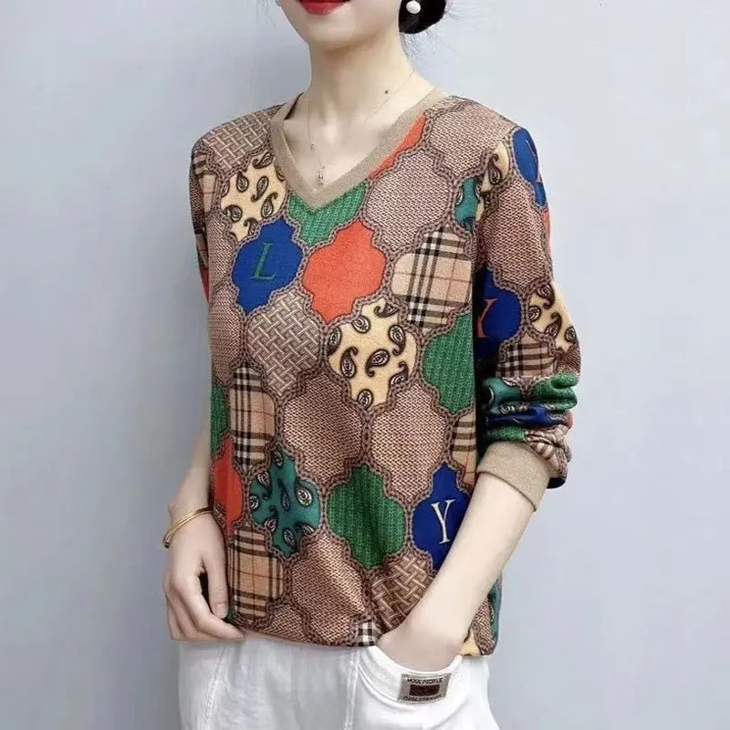 Fashion Vintage Plaid Patchwork Knitted T-shirt Female Clothing Casual V-Neck Commute Spring Autumn Loose Long Sleeve Pullovers