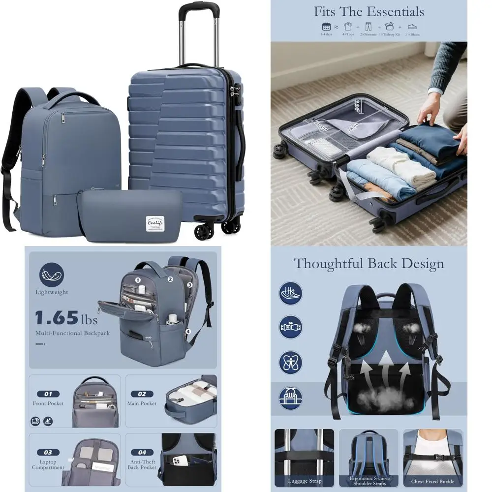 Juego de equipaje de 3 piezas con maleta de mano giratoria de 20 pulgadas, maleta rígida y mochila de viaje: azul, mochila incluida