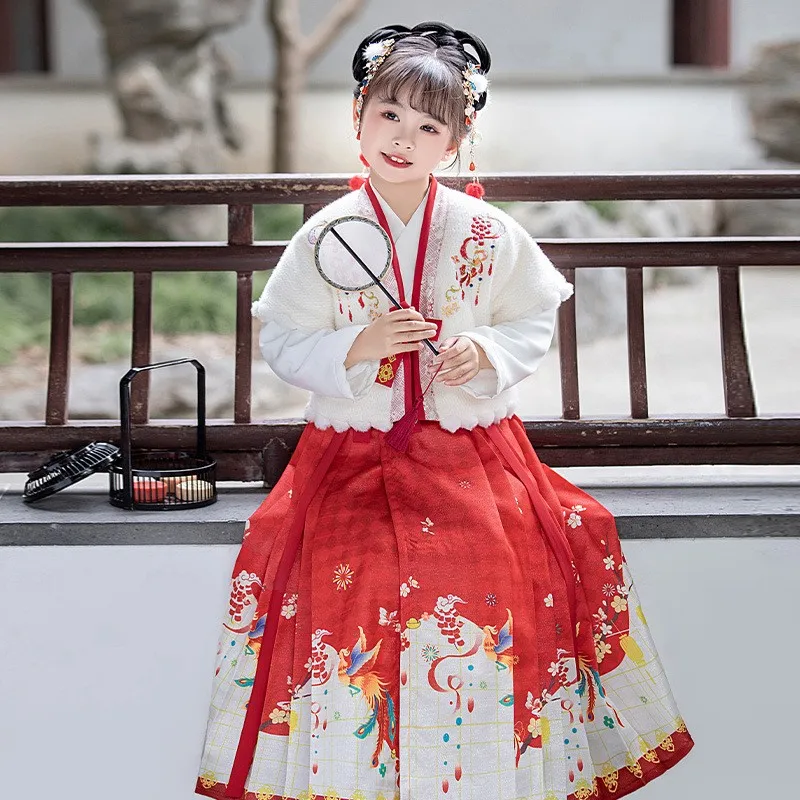 Retro Girls Horse-face Skirt Hanfu Dress Winter New Plush Warm Tang Suit Children Thick Baby Kids 2024 Chinese New Year Clothes