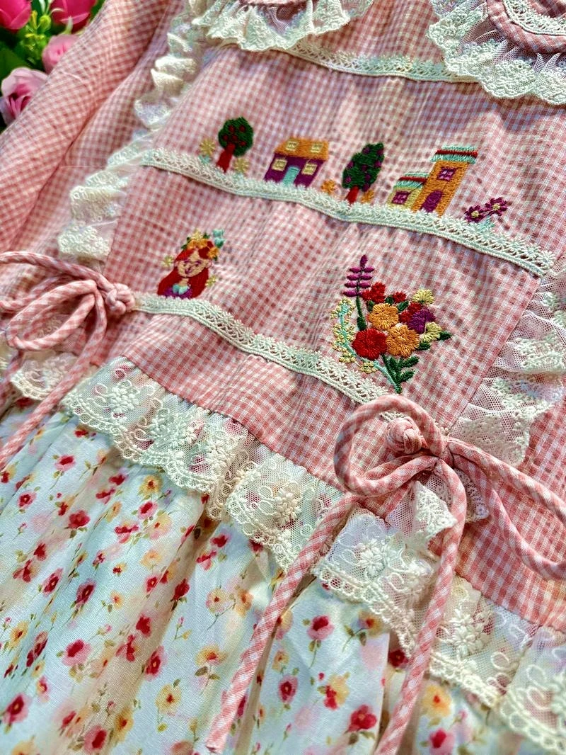 여름 코튼 패치 워크 격자 무늬 프릴 레이스 스위트 로리타 카와이 여성용 귀여운 블라우스 코티지 코어 모리 걸 한국 탑 셔츠