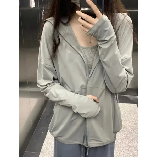 Sunscreen Women's Summer 2025 Loose Hooded Zipper Breathable Cardigan Thin Ice Silk Jacket