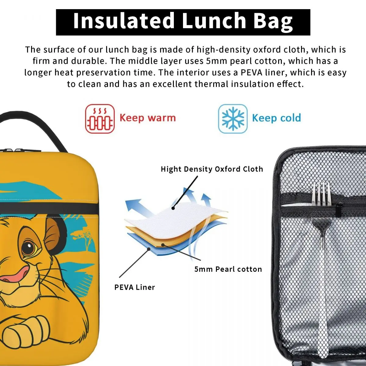 Bolsa de almuerzo con aislamiento del Rey León, bolsa refrigeradora, contenedor de comida, joven Simba, de descanso, azul, 90s, grande, fiambrera, bolsas de almacenamiento de alimentos