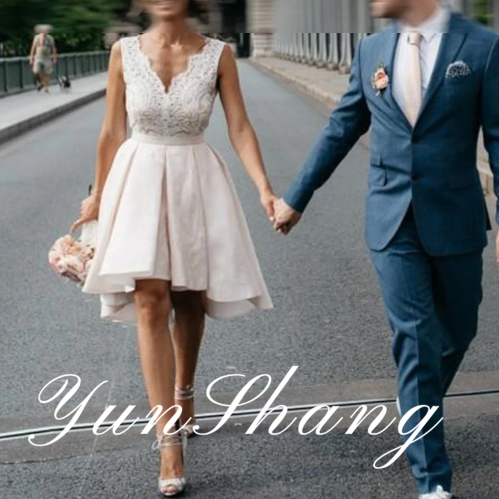 

YunShang Customized Short Lace A Line Wedding Dresses Backless Bridal Gowns Vestidos De Festa V-Neck Sleeveless Cheap Stain