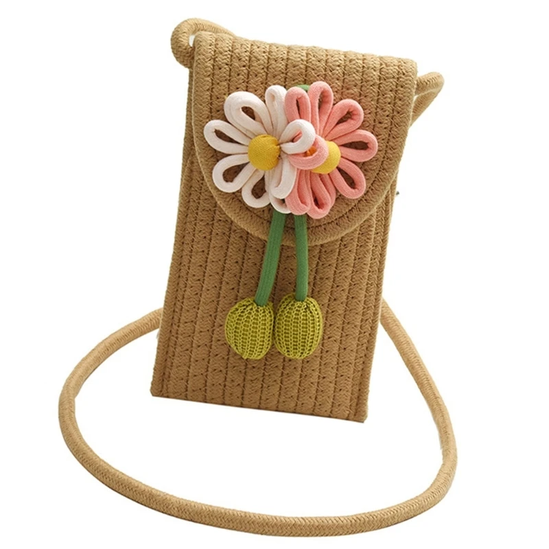 Bolso playa para mujer, bolso hombro paja, funda para teléfono con flores, bolso y monedero tejido a mano, bandolera