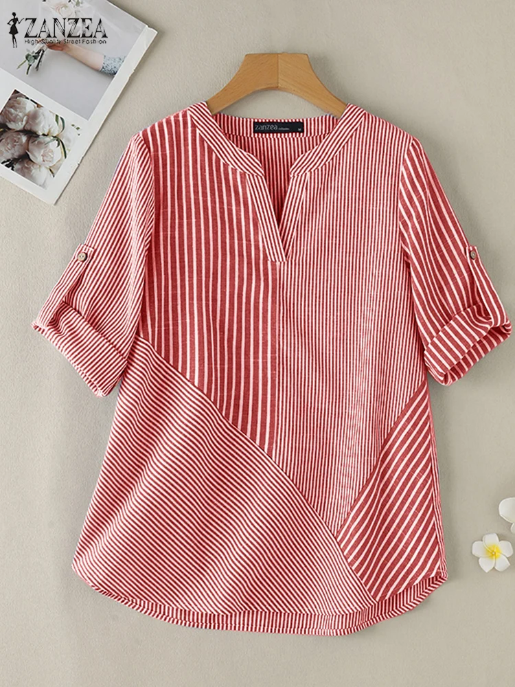 

2024 ZANZEA Elegant Autumn Women Striped Shirt Fashion V Neck 3/4 Sleeve Blouse Casual Patchwork Blusas Female Work Tunic Tops