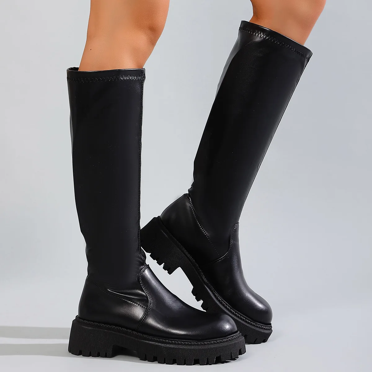 Fashion Square Heels Woman Knee High Boots Concise Slip On Soft Leather Shoes Modern Long Botas Para Mujer