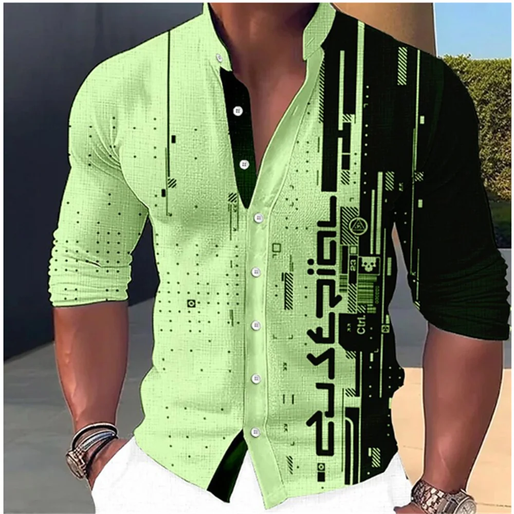 Camisa de manga comprida masculina com gola em pé, estampa criativa, tecido macio e confortável, festa ao ar livre de alta qualidade, nova moda, S-6XL