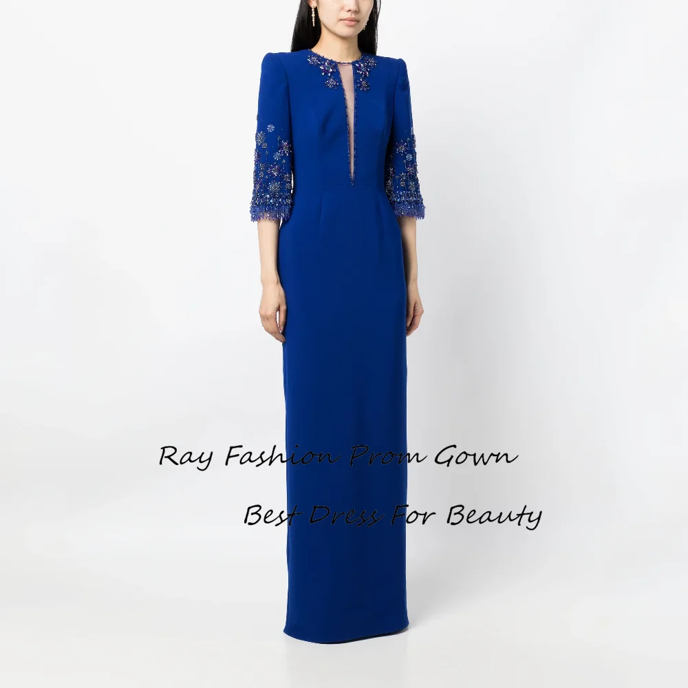 Ray Fashion Straight Prom Dress O Neck Half Puff Sleeves With Beading Crystal Women Formal Occasions فساتين سهرة Saudi Arabia