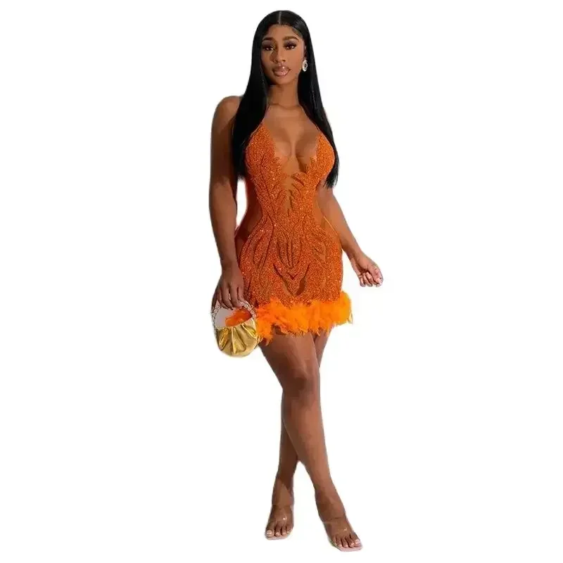 Mode durchsichtige Slim Fit Wickel Hüft kleider Frauen ärmellose einfarbige Feder Patchwork Saum Kleid Party Abendessen weibliches Kleid