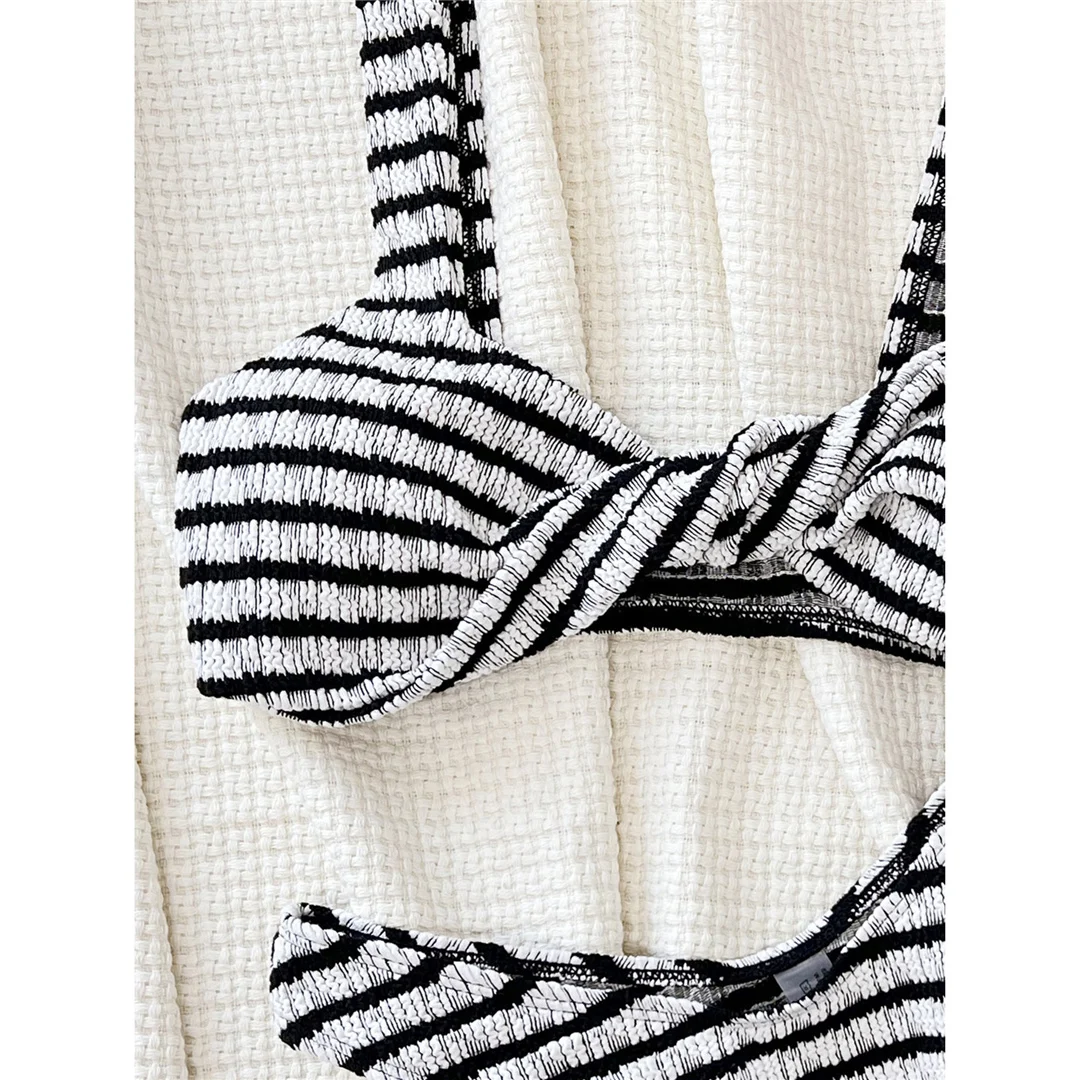 Gestreifter, geraffter, brasilianischer High-Cut-Bikini, Damen-Badeanzug, zweiteiliges Bikini-Set, Badebekleidung, Badeanzug, Schwimmanzug V5665 – Detail 10