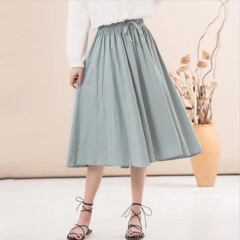 2026 Woman Cotton Linen Solid Skirts New Spring Summer Fashion lace-up A-Line - Casual Loose High Waist Female Slim White