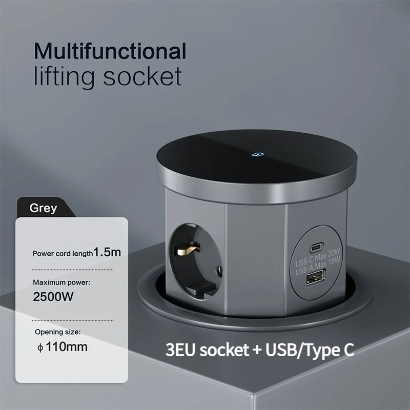YINKA pop-up tafelcontactdoos hijsaansluiting, USB Type-C stopcontact, EU-aansluiting, 15W draadloos opladen, desktop verborgen hijsaansluiting