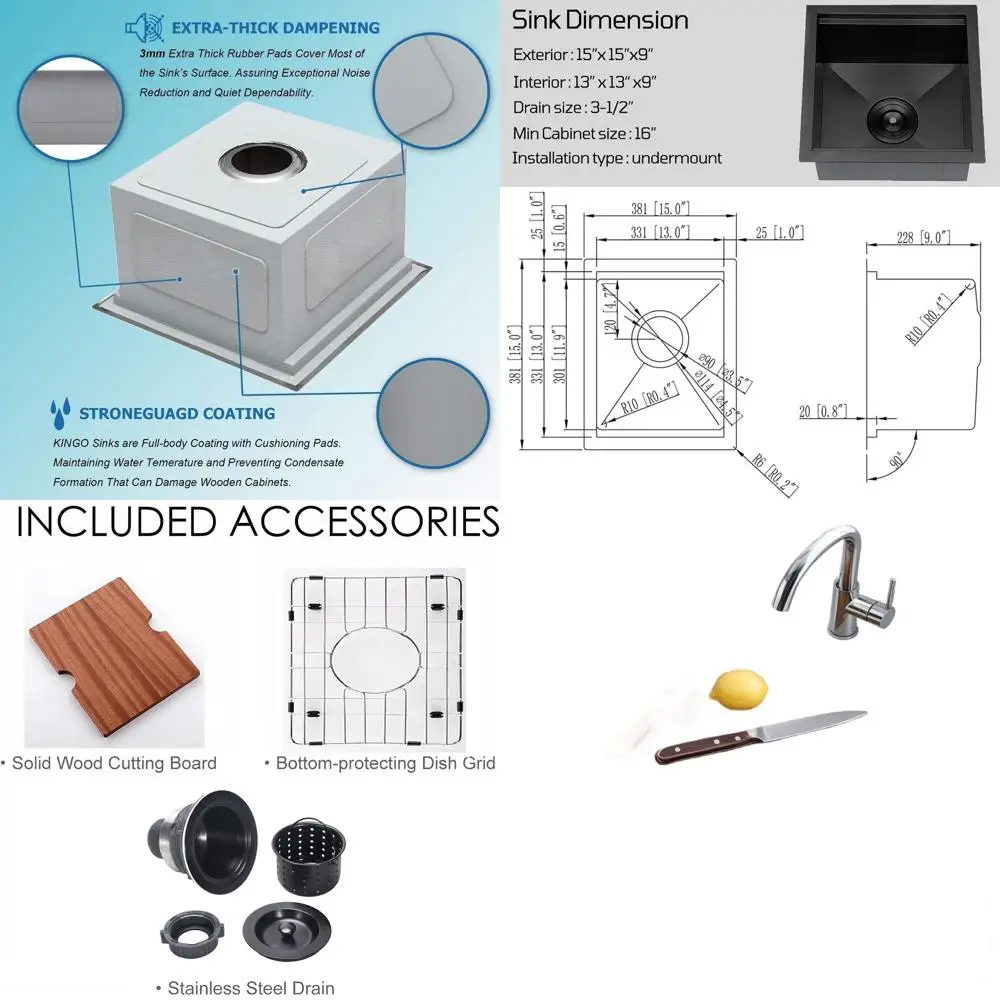 

15x15 Inch Stainless Steel Undermount Single Bowl Kitchen Sink with Accessories, Gunmetal Black for RV and Home Wet Bar