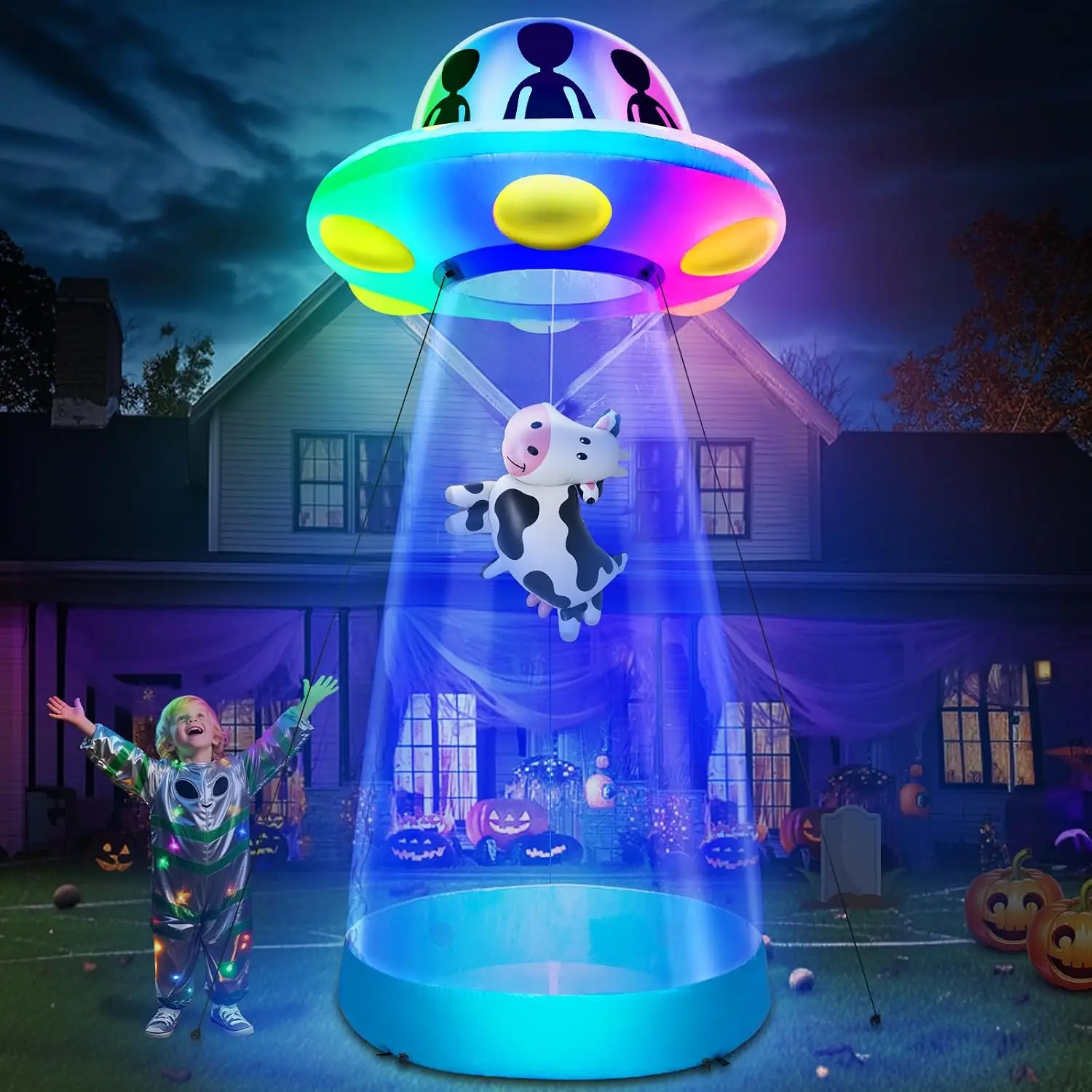10 Ft Tall Halloween Inflatable UFO Cow Abduction Decorations with Build-in LEDs 3 Colors Changing Light Halloween Blow Up UFO f