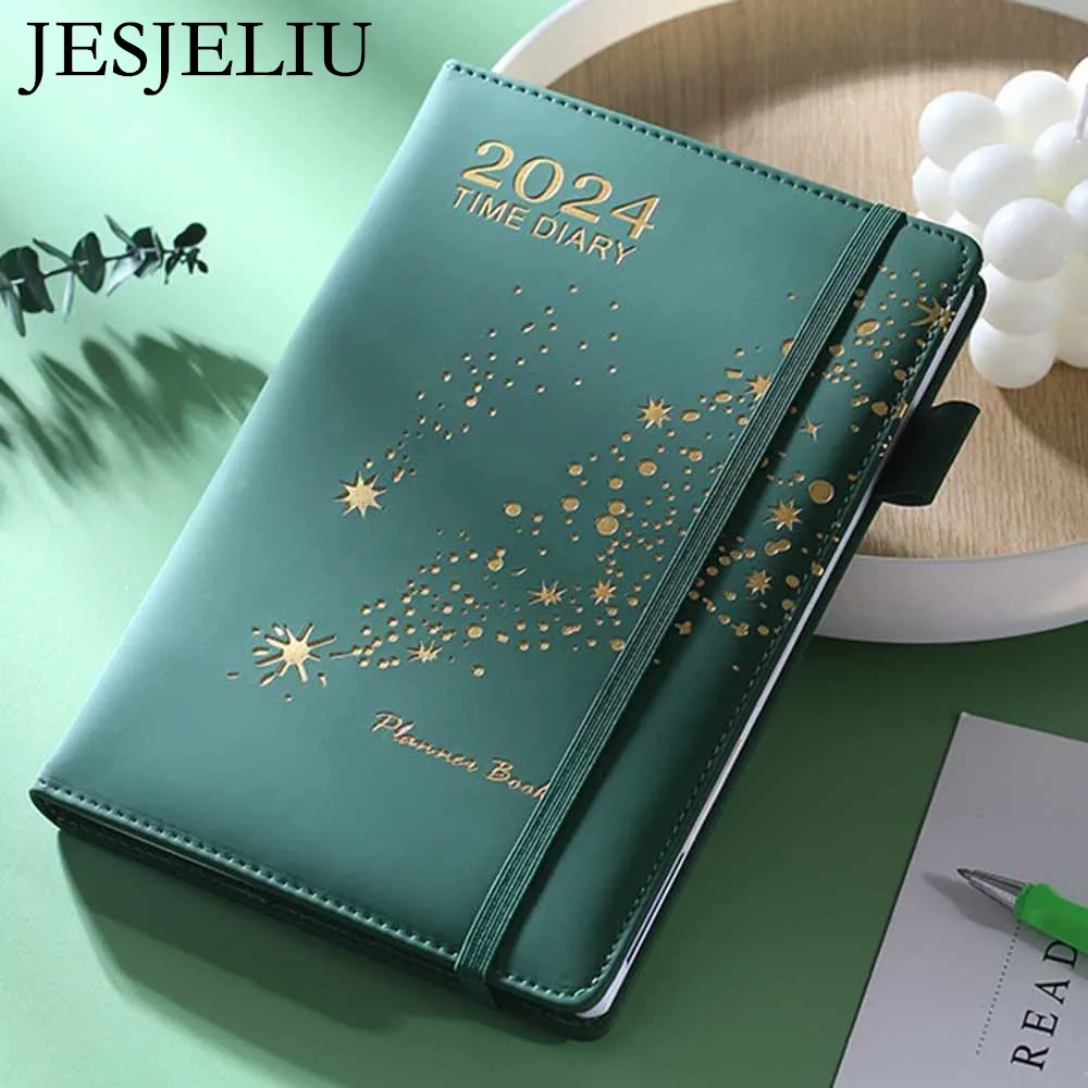 2024 Daily Planner English Schedule A5 PU Leather Hot Stamping Cover Notebook Agenda Notepad Stationery Office School Supplies