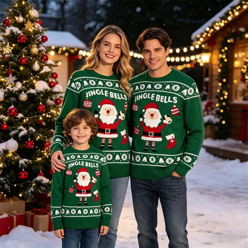 Christmas Day Family Matching Outfits Festival Print Thermal Sweater Children Adults Casual Comfortable Knit Pullover Jumper