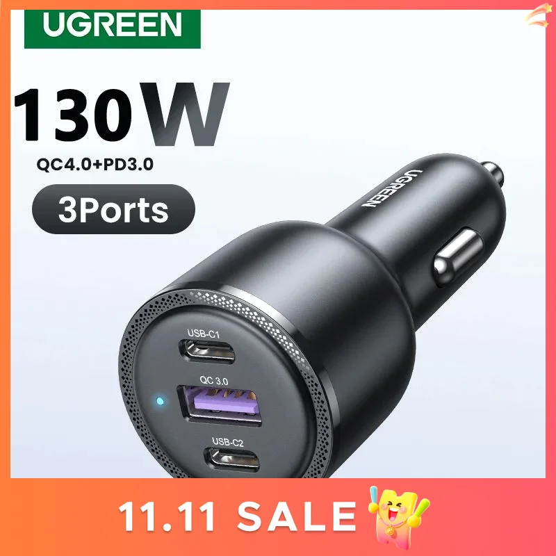 【ใหม่-In】UGREEN 130W Car Charger Fast ชาร์จ PD Quick Charger USB Type C โทรศัพท์สำหรับ iPhone 14 13 12 Pro Max แท็บเล็ตแล็ปท็อป