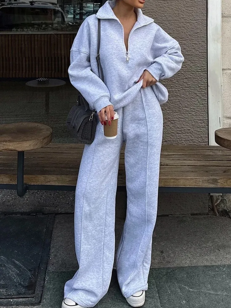 

Осенне-зимний модный пуловер с полуоткрытым воротником, толстовка, широкие брюки, комплект из двух предметов, женский свободный повседневный комплект брюк