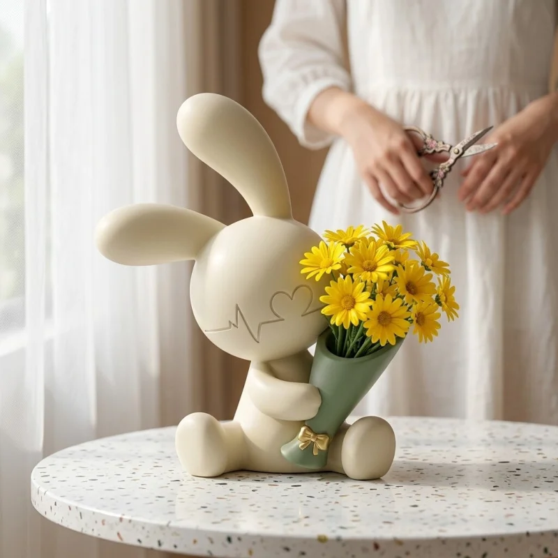 Cute Rabbit Doll Statue Resin Ornament Home Decorative Craft Tabletop Figurine Flower Arrangement Decor