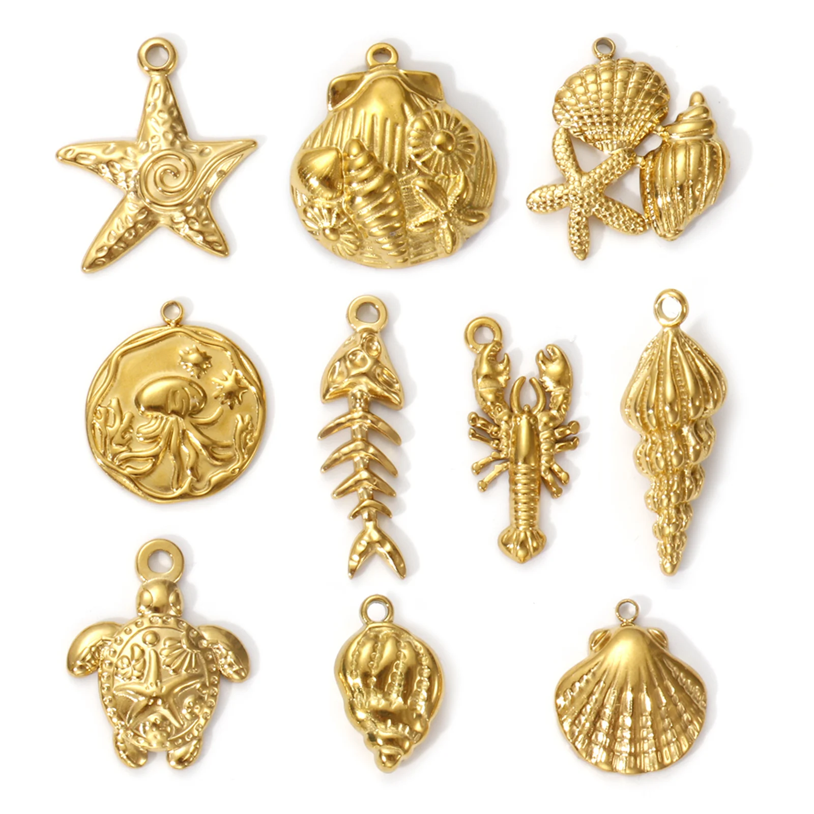 Image of 2 Stück 304 Edelstahl Charms 18 Karat echt vergoldet Seestern Muschelschale Fisch Hummer Schildkröte Anhänger Forf DIY Schmuckherstellung