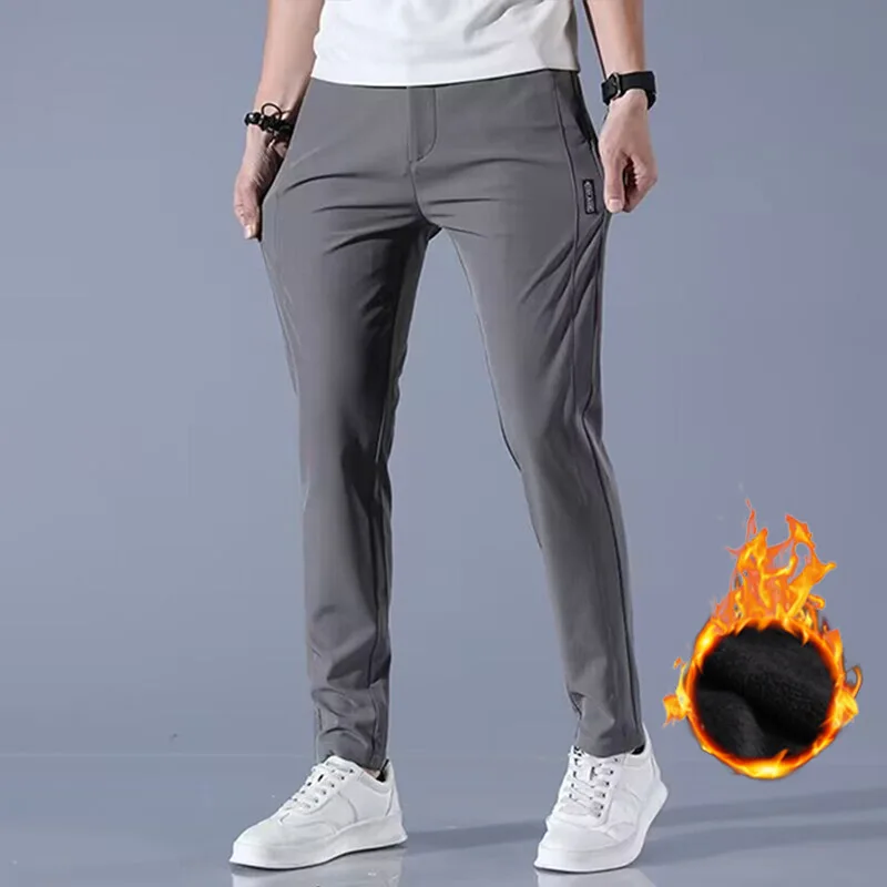 2024Winter velvet Casual Pants Men Thick Business Stretch Slim Elastic Waist Jogger Outdoors Korean Classic Fleece Trousers Male