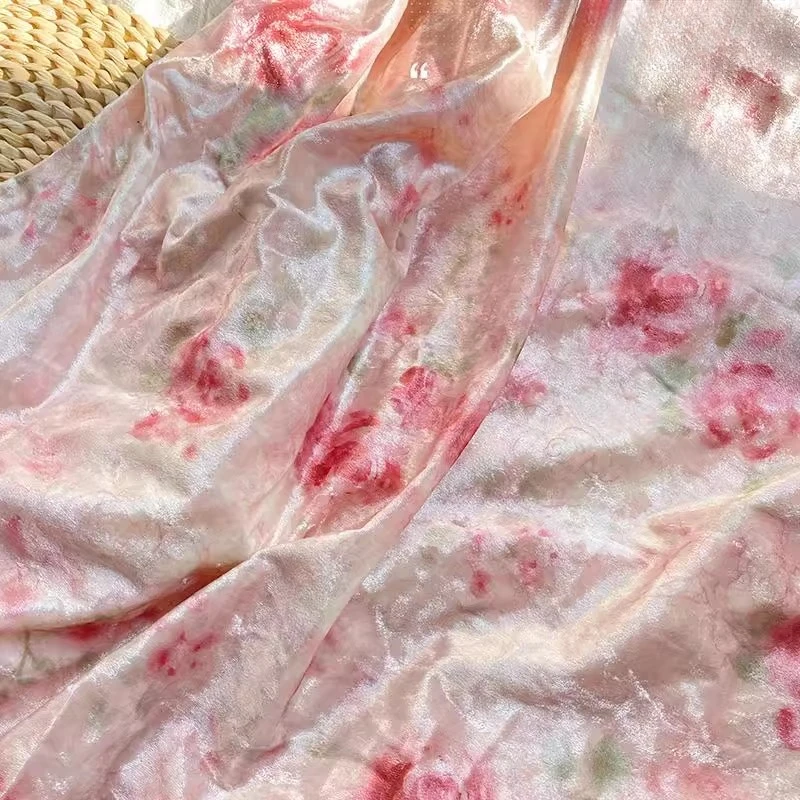 Autumn and Winter Rose Pink Printed Velvet Soft Fabric Sewing Cheongsam Evening Dress Tablecloth Decoration Handmade Fabric