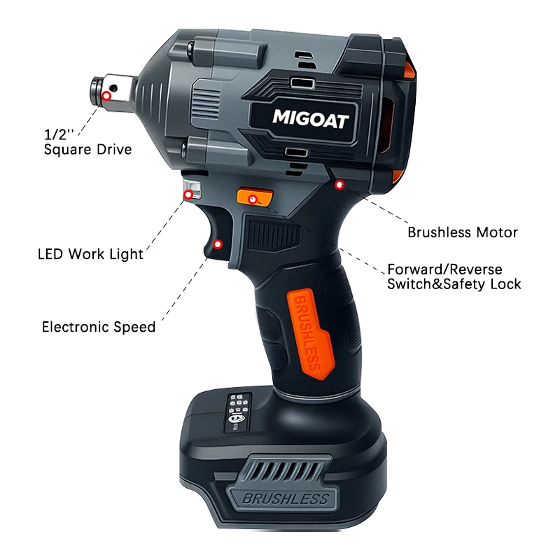 ประแจบล็อกแรงบิดสูงพิเศษ MIGOAT 600N.M มอเตอร์ไร้แปรงถ่าน เครื่องมืออุตสาหกรรม สำหรับแบตเตอรี่ Makita 18-21V (เฉพาะเครื่อง)
