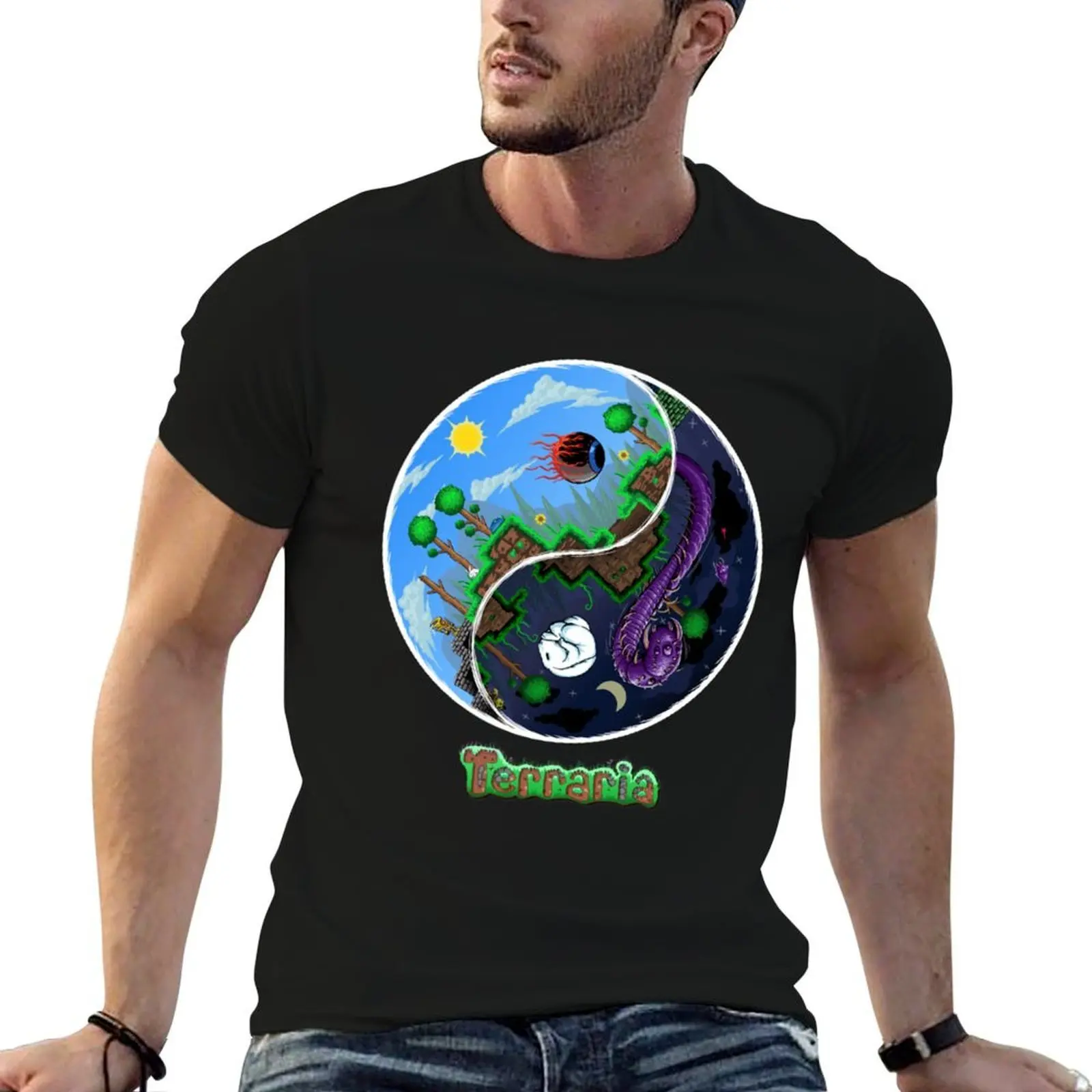 Terraria Game Night And Day Horror Design T-Shirt custom t-shirts gifts for boyfriend designer t shirt men